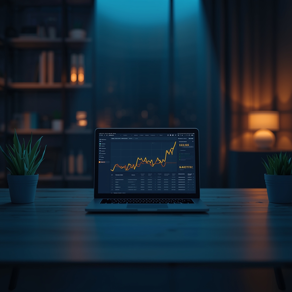 A modern minimalist office workspace with a glowing laptop showing business analytics, cinematic lighting, no people