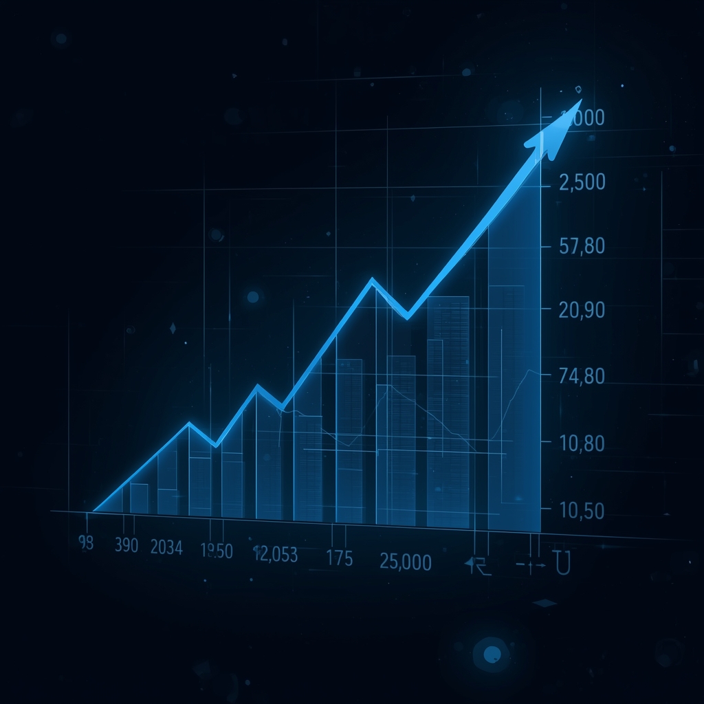 A futuristic digital financial chart displaying upward growth trends, abstract data visualization, dark mode, no people